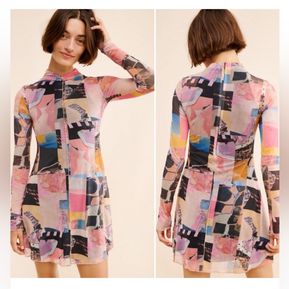 SAEMDI Collage Mesh Mini Dress Long Sleeve Sheer Printed A-Line Med